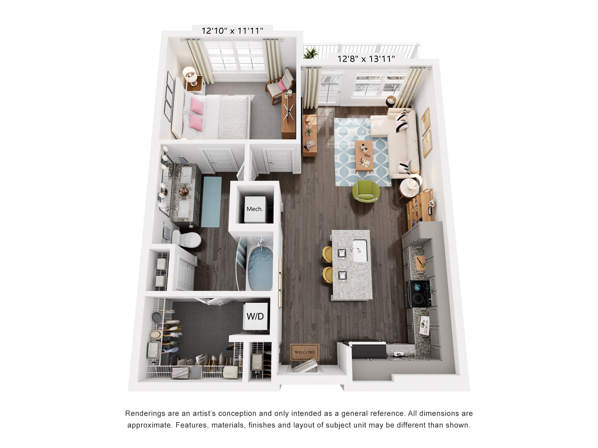 Floor plan for 1 bed, 1 bath, 756 sqft